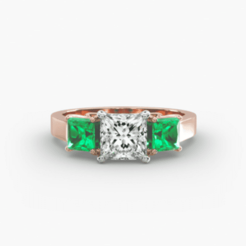 14K Rose Gold Three Stone Step-Cut Emerald Engagement Ring