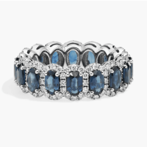 Oval Sapphire Halo Eternity Ring in 14k White Gold