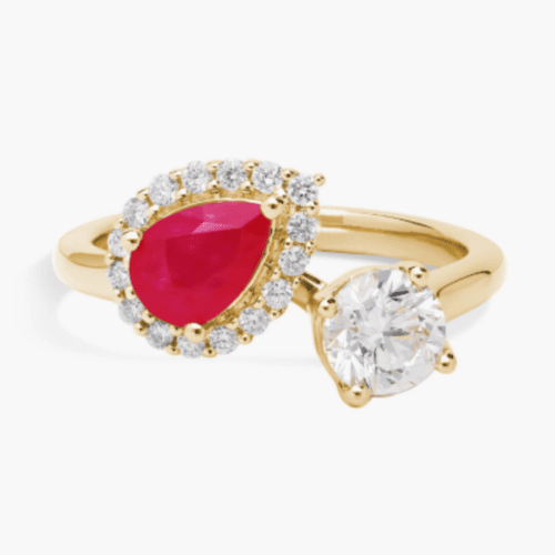 Ruby and Diamond Two Stone Ring in 14k Yellow Gold